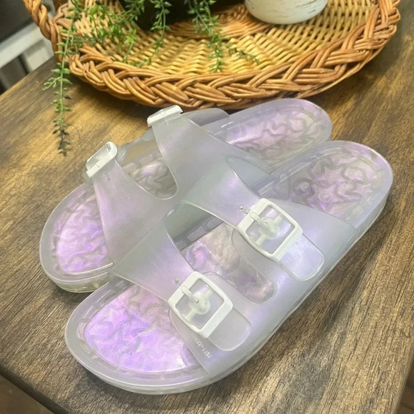 Wonder Nation Sz 6 Clear Iridescent Jelly Beach Sandals Slides White Buckle Y2K - Picture 2 of 4